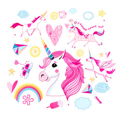 Cute Unicorns & Rainbow Objects Vector Image