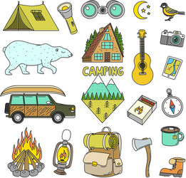 Set of cute camping elements equipment in forest Vector Image