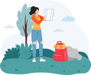 woman traveler exploring map outside female hiker vector