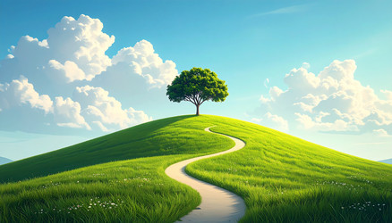 winding path to solitary tree on lush green hill Vector Image