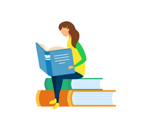 young girl reading book flat vector