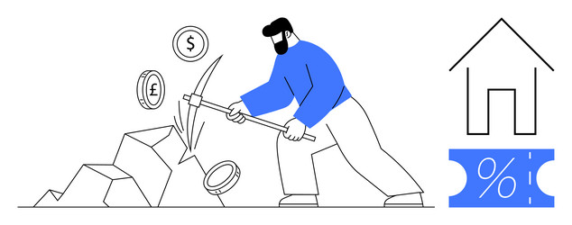man breaking rocks with pickaxe mining coins vector image