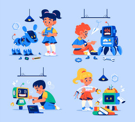 children engaged in robot building and programming vector image