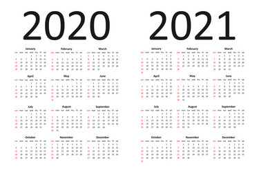 Calendar 2020 and 2021 years simple vector
