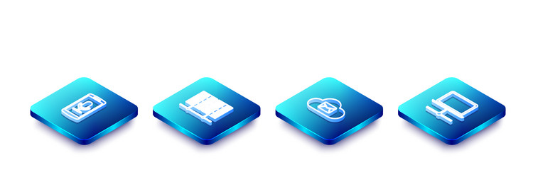 set isometric line mobile recording server data vector image