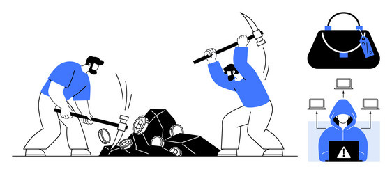 miners extracting crypto hacker with laptop vector image