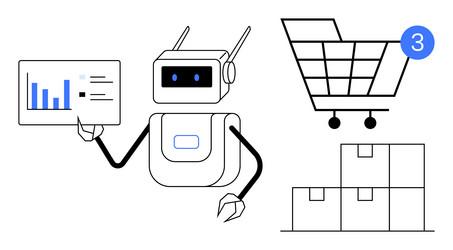 robot analyzing data with shopping cart and boxes vector image