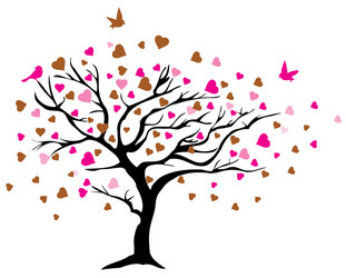 Cute birds with red hearts on tree set Royalty Free Vector