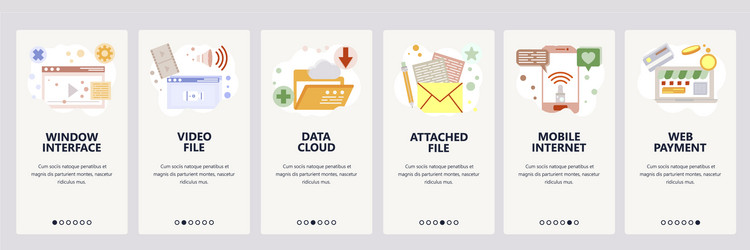 Web site onboarding screens data cloud sync vector