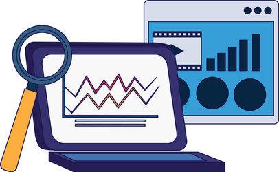 Laptop computer with web page and magnifying glass vector