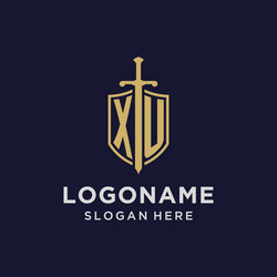 Xu logo initial monogram with shield and sword vector