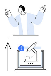 man pointing upwards with microscope on laptop vector image