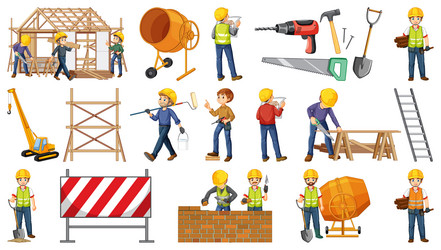 set of construction site objects and workers vector image