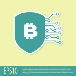 green shield with bitcoin icon isolated on yellow vector image