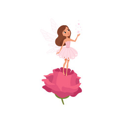 Cartoon fairy girl standing on rose and spreading vector