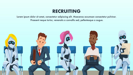 People and robot sit in queue for job interview vector