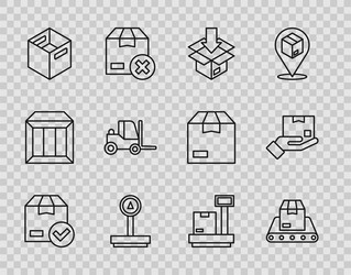 Set line ackage box with check mark conveyor belt vector