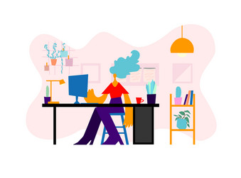 Woman in flat style working at table using vector