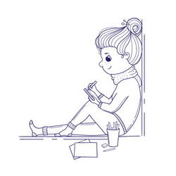 cute girl for coloring book doodle sits vector