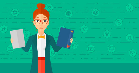 woman choosing between book and tablet computer vector image