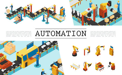 Isometric automated factory elements set vector