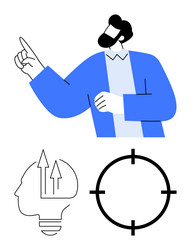 man pointing upward alongside brain with arrows vector image