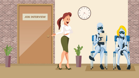 two robot wait job interview in office corridor vector image