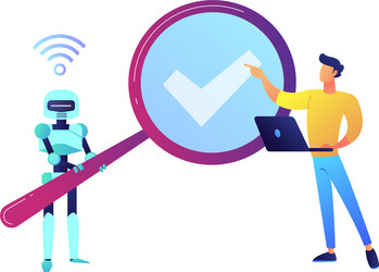 robot with magnifier and programmer laptop vector image