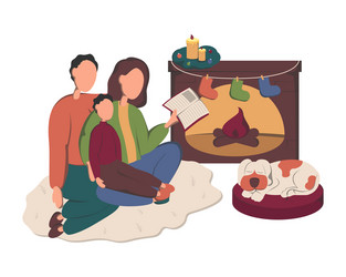 Parents reading books with son on christmas eve vector