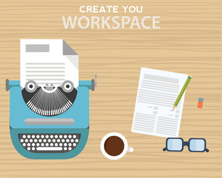 Workspace with typewriter coffee mug notes vector