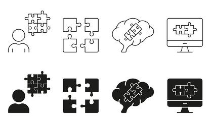 puzzle and technology line silhouette icon set vector image