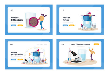 Water filtration landing page template set tiny vector