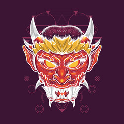 Devils head with sharp horns and fangs in bright vector