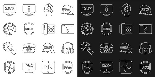 Set line shield with text faq headphones browser vector