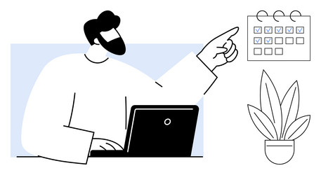 man working on laptop and pointing to a calendar vector image