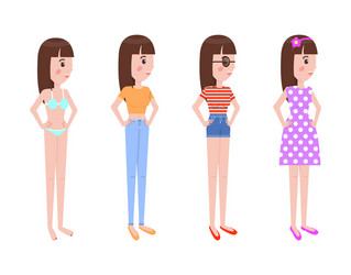 Young girl in summer clothes stands profile set vector