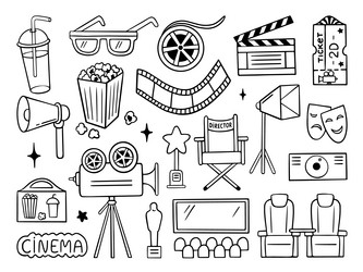 doodle cinema elements movie film tape popcorn Vector Image