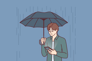 sad man with umbrella stands in rain and reads sms vector image