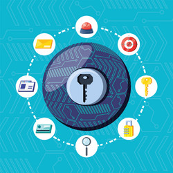 Key in sphere with set icons cyber security vector