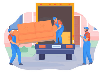 Moving service workers carrying furniture vector