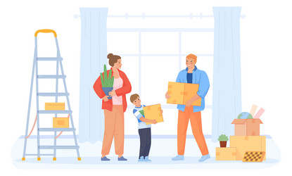 Parents and kid hold cardboard boxes family vector