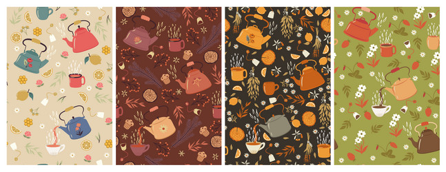 set seamless patterns with teapots and mugs vector image