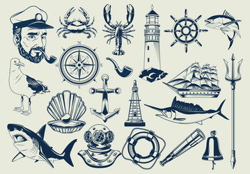 bundle nautical elements set icons pattern vector image