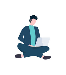 Man with laptop sit in lotus pose isolated vector