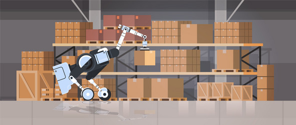 Robotic worker loading cardboard boxes hi-tech vector