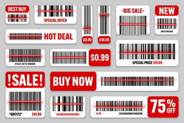 set of product barcodes with red scanning line vector image