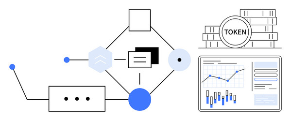 blockchain network diagram with tokens data flow vector image