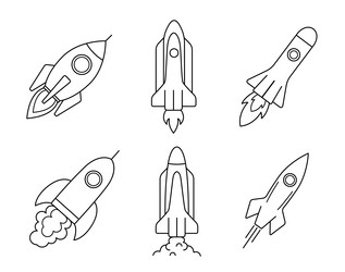 rocket line icons set spaceship outline isolated vector image