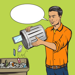 man throws gadget device into trash pop art vector