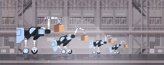 robotic workers loading cardboard boxes hi-tech vector image
